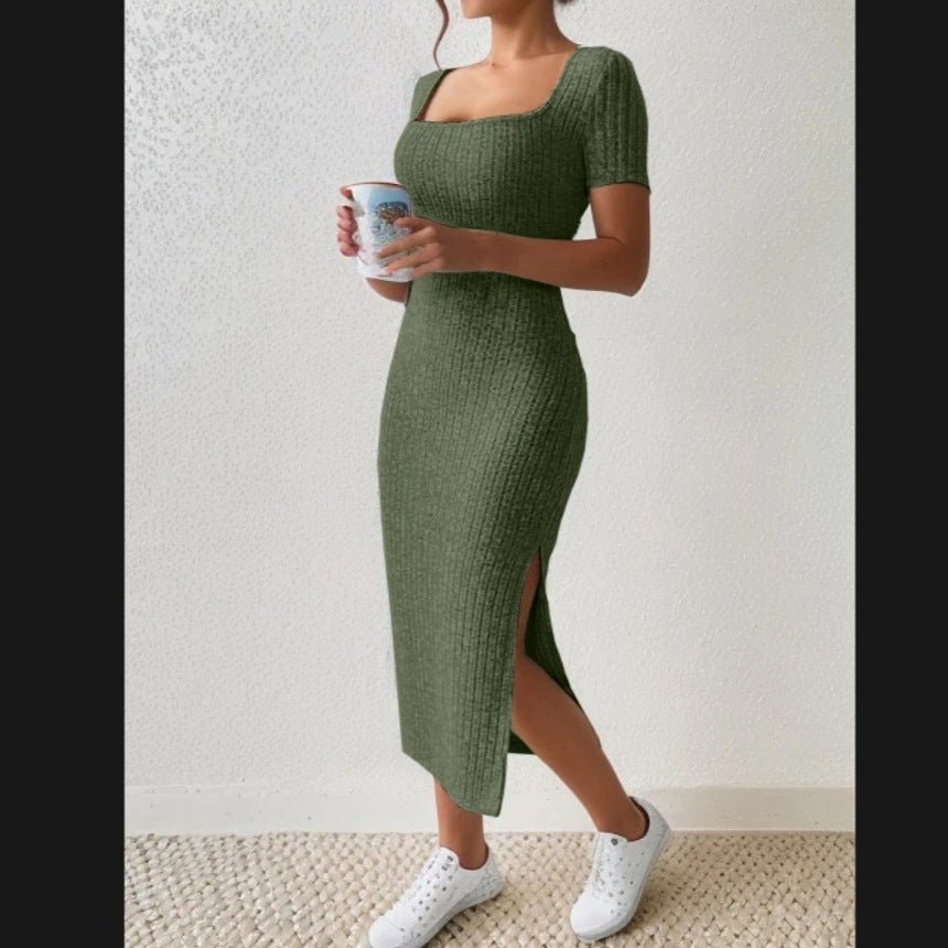 Robe en Tricot Côtelé à Col Carré avec Fente Latérale - ModeVogue