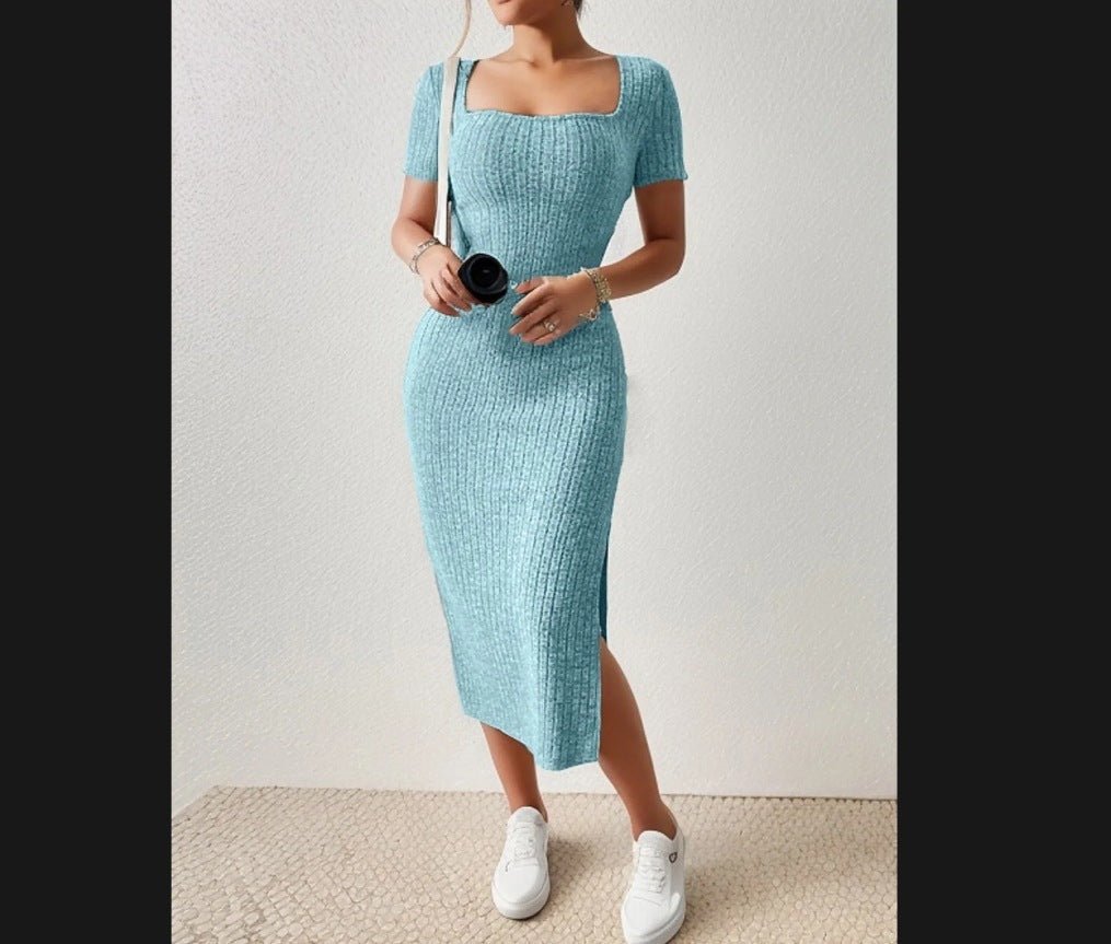 Robe en Tricot Côtelé à Col Carré avec Fente Latérale - ModeVogue