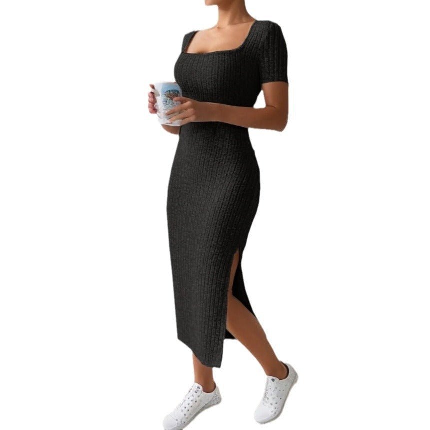 Robe en Tricot Côtelé à Col Carré avec Fente Latérale - ModeVogue