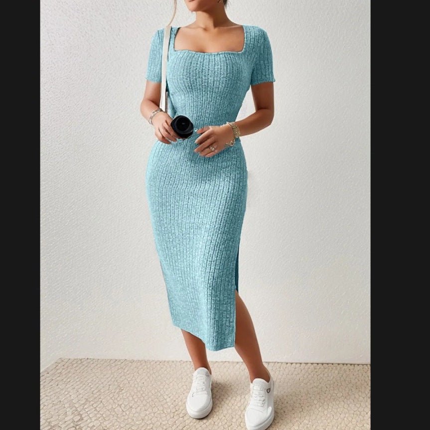 Robe en Tricot Côtelé à Col Carré avec Fente Latérale - ModeVogue