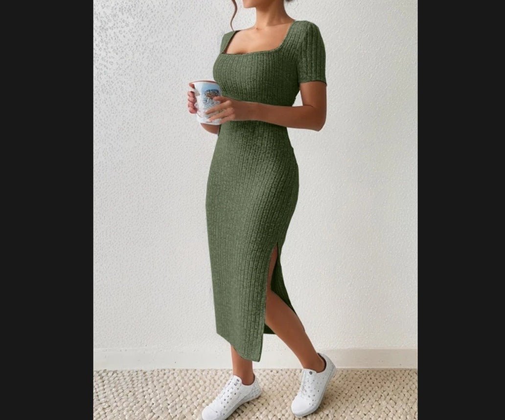 Robe en Tricot Côtelé à Col Carré avec Fente Latérale - ModeVogue