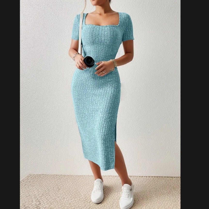 Robe en Tricot Côtelé à Col Carré avec Fente Latérale - ModeVogue