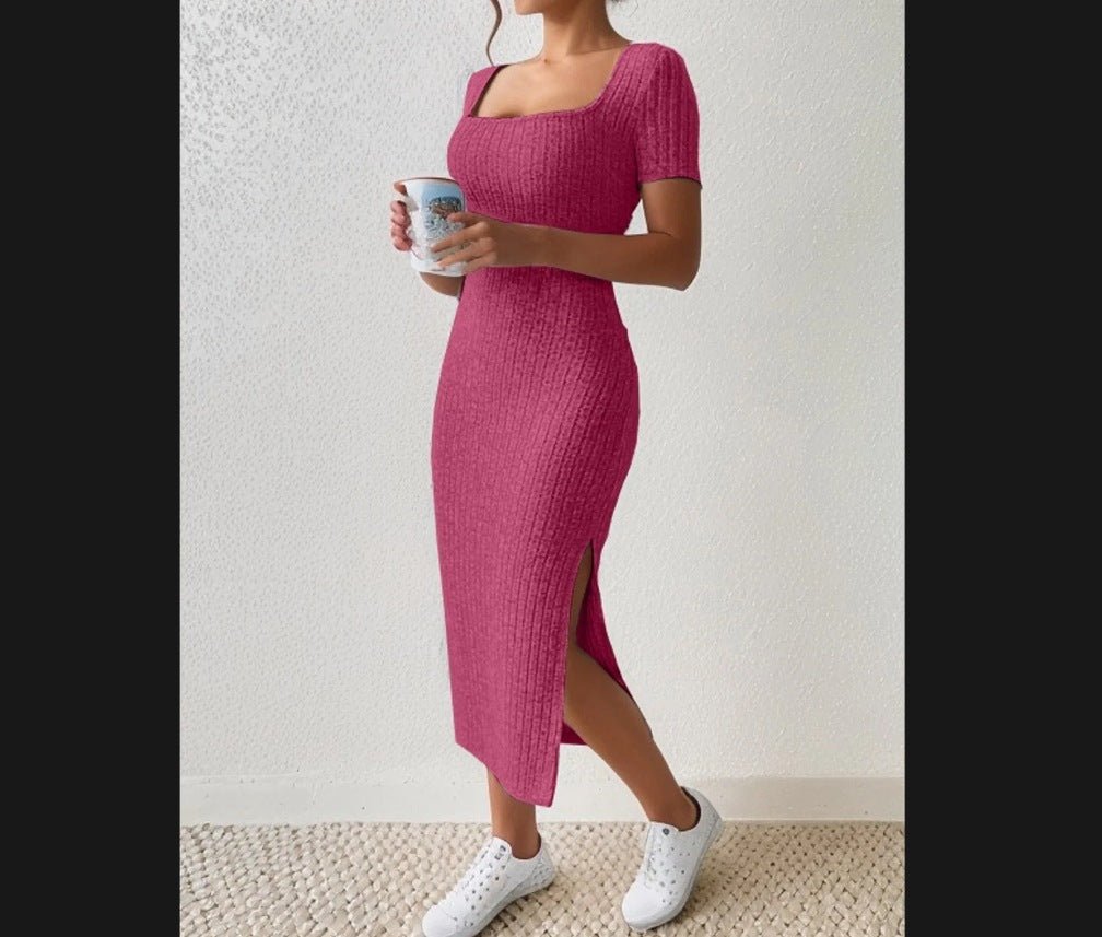 Robe en Tricot Côtelé à Col Carré avec Fente Latérale - ModeVogue