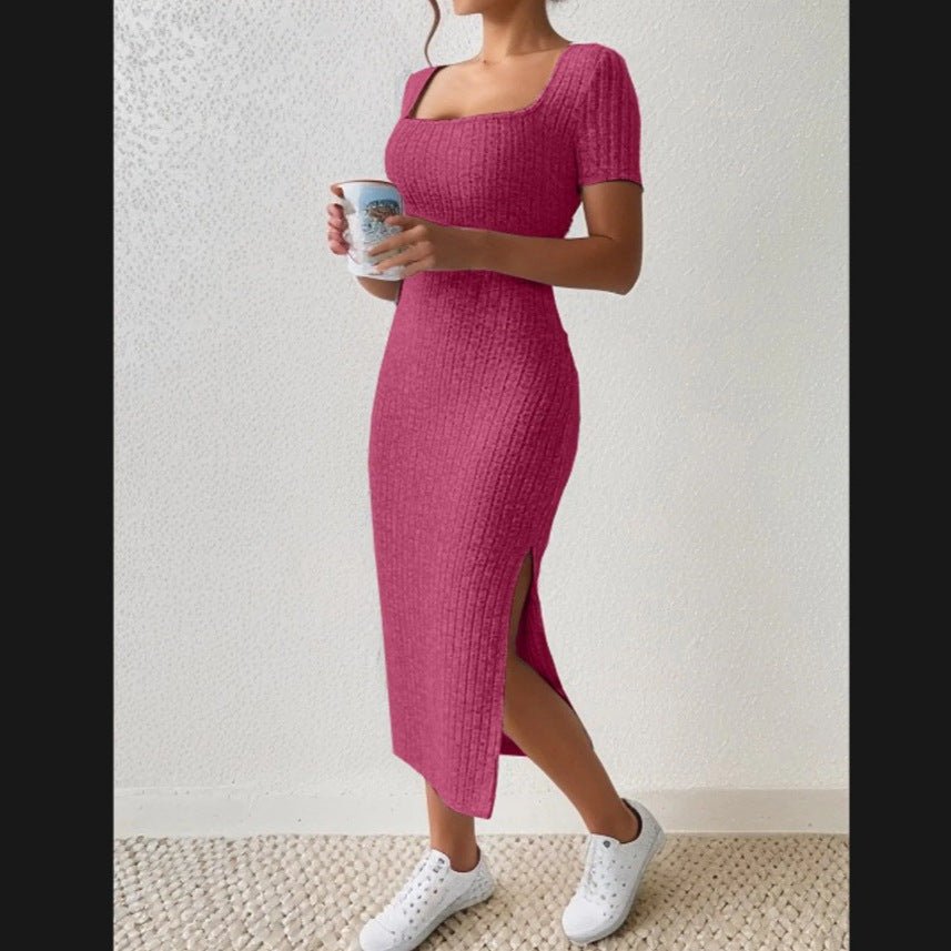 Robe en Tricot Côtelé à Col Carré avec Fente Latérale - ModeVogue