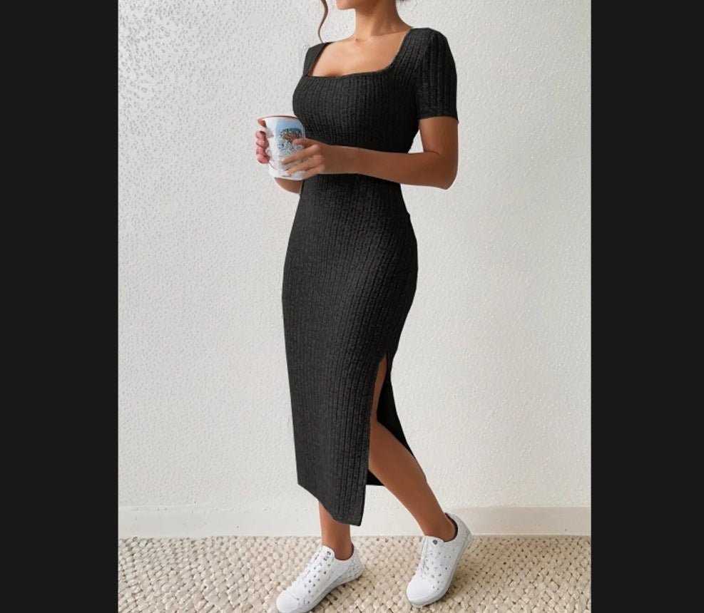Robe en Tricot Côtelé à Col Carré avec Fente Latérale - ModeVogue