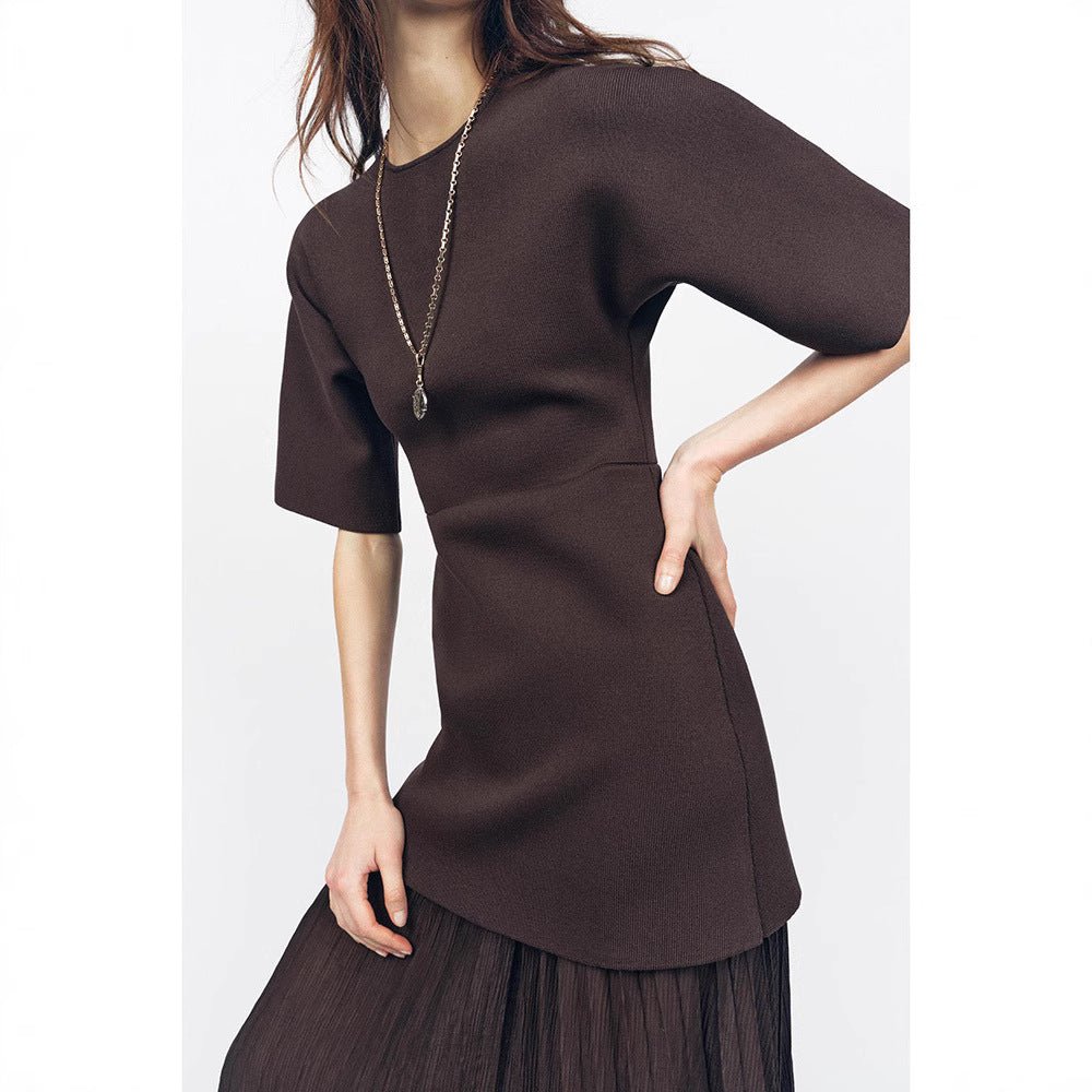 Robe Longue Élégante en Patchwork Plissé Marron avec Ceinture - ModeVogue
