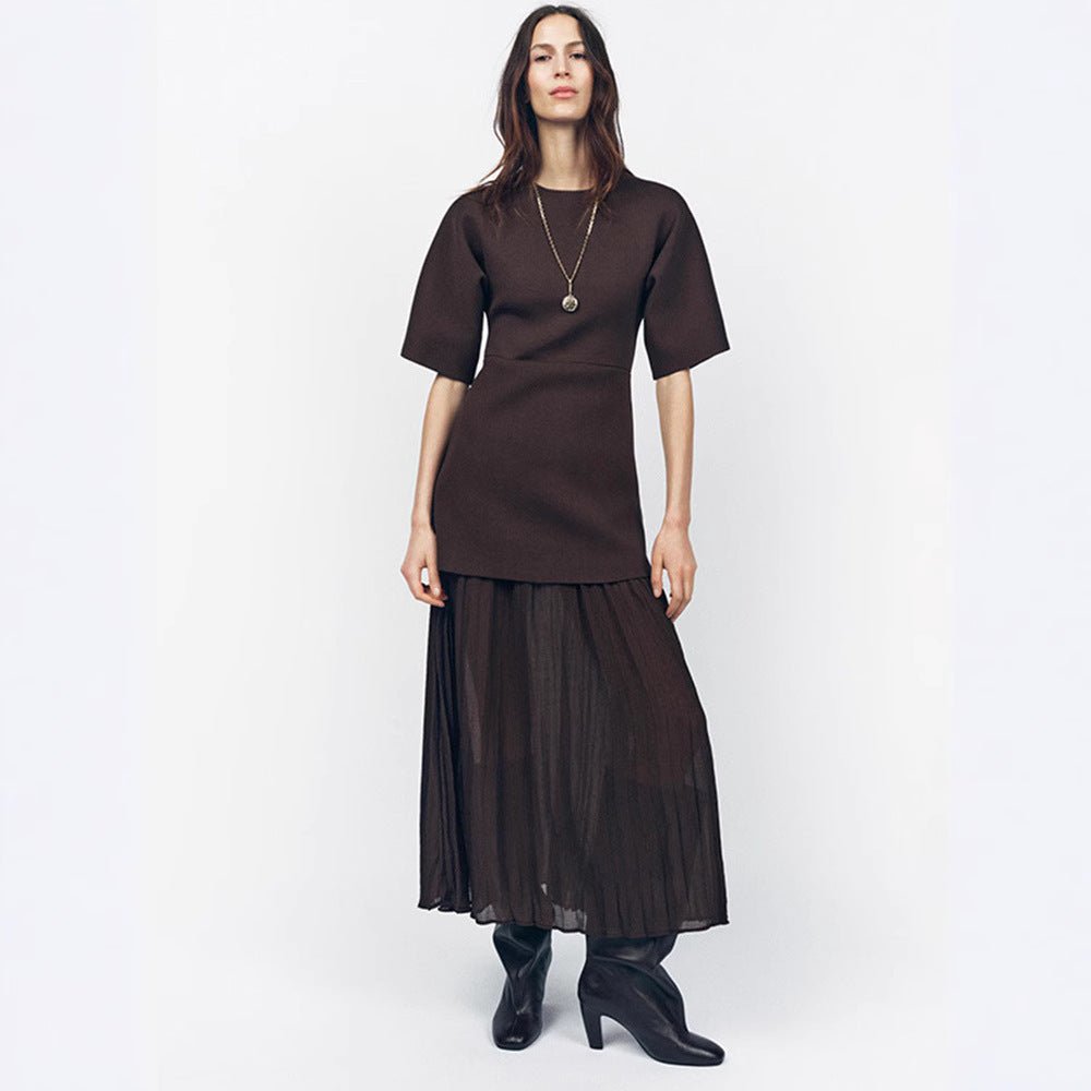 Robe Longue Élégante en Patchwork Plissé Marron avec Ceinture - ModeVogue
